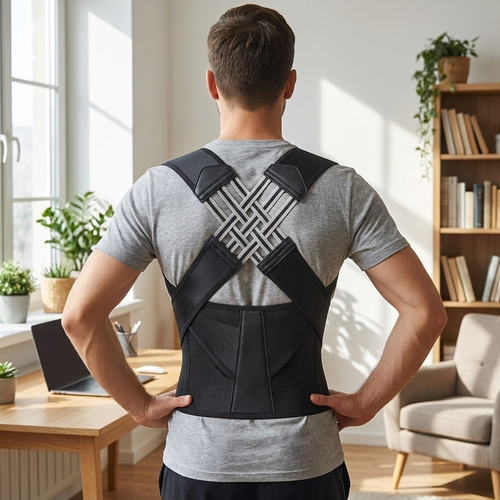 Posture corrector worn in a home office setting