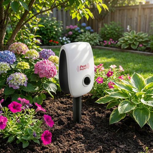 Ultrasonic Squirrel Repeller staked in a backyard garden