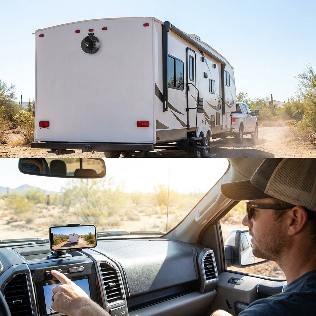 Wireless Backup Camera installed on an RV/trailer in use