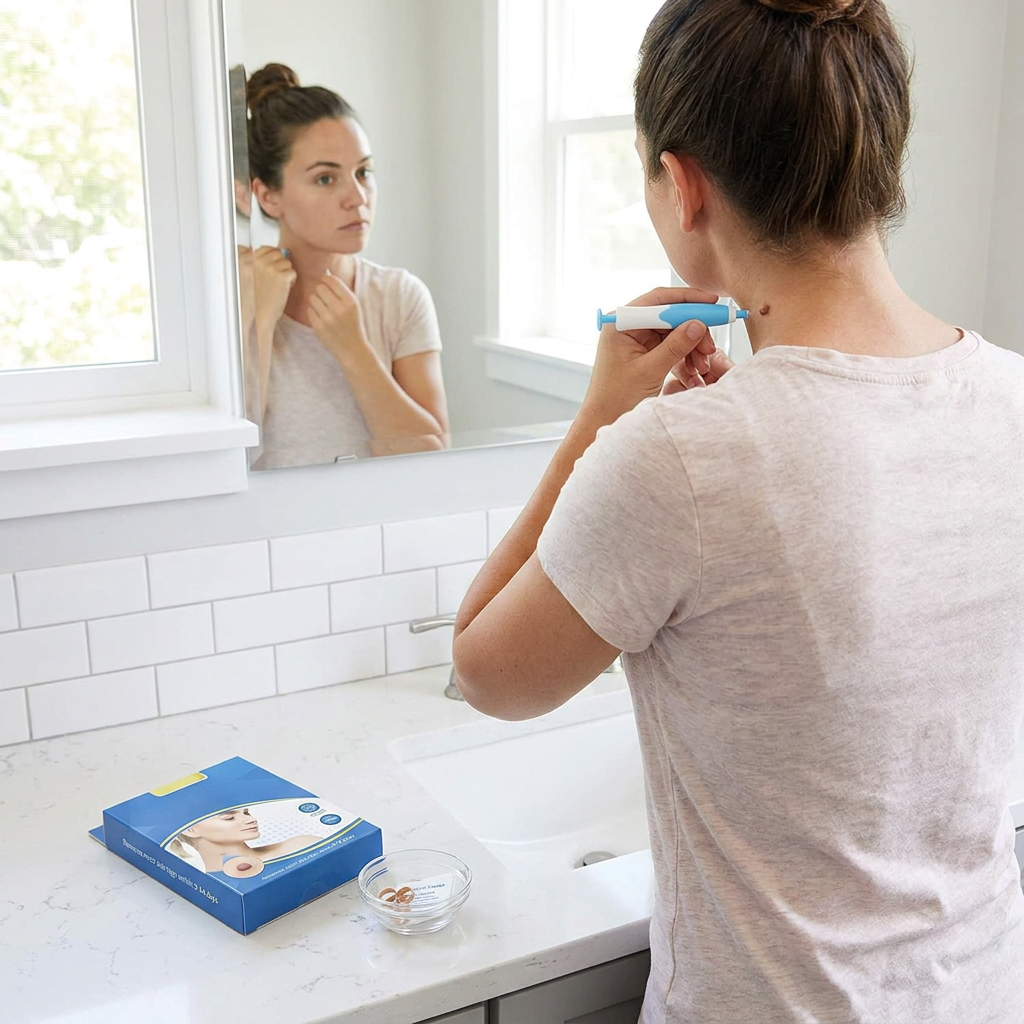Skin Tag Removal Kit being applied in bathroom