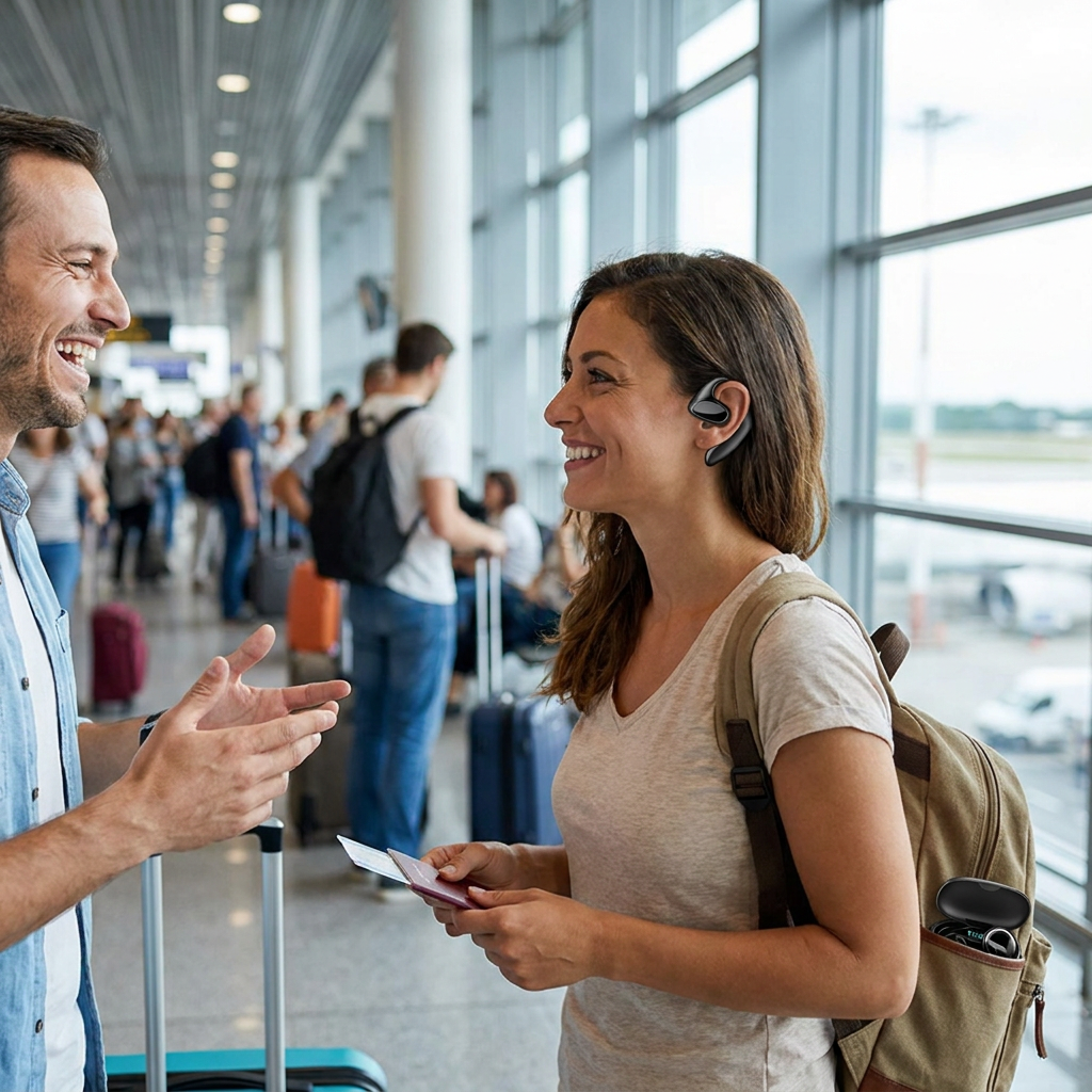 Language Translator Earbuds worn while traveling