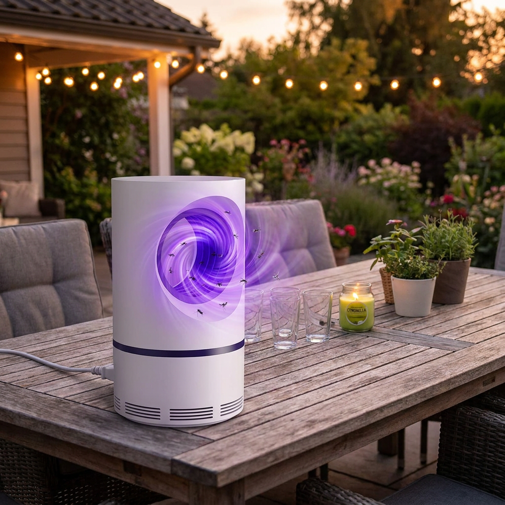 UV Light Insect Trap glowing on a patio table