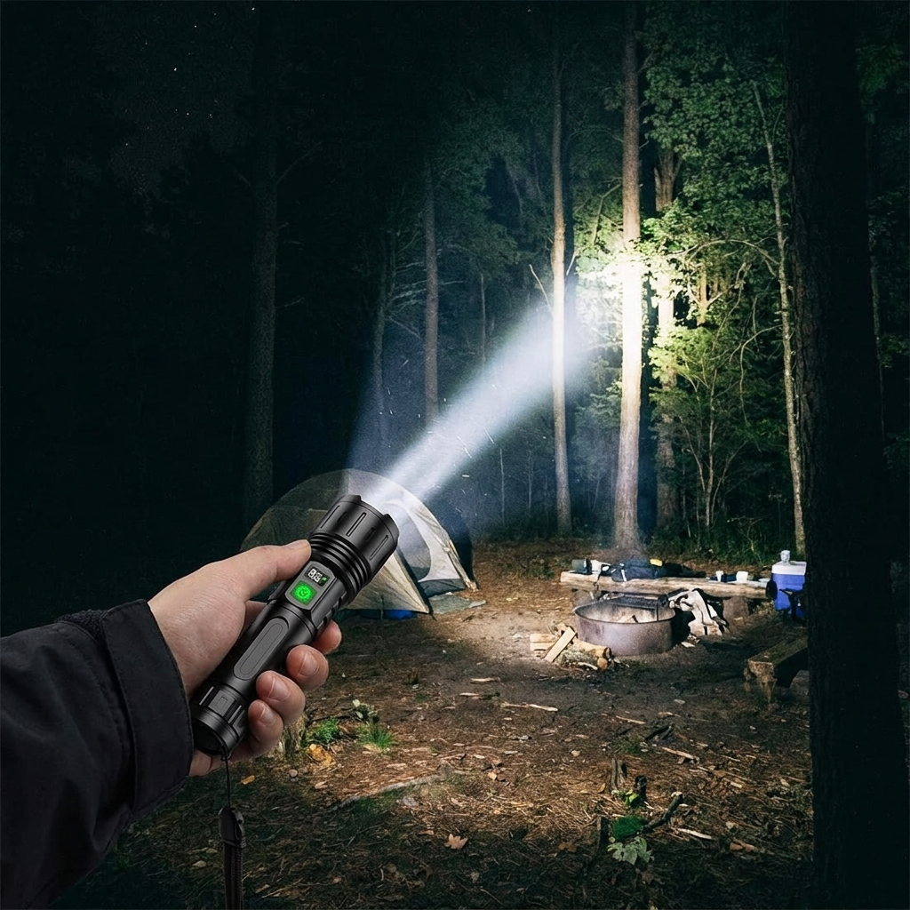 Flashlight illuminating a dark backyard at night