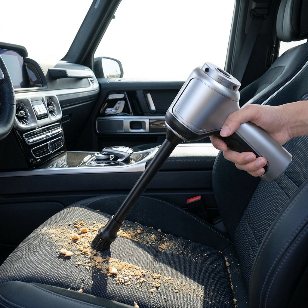 Cordless Car Vacuum being used on a car seat