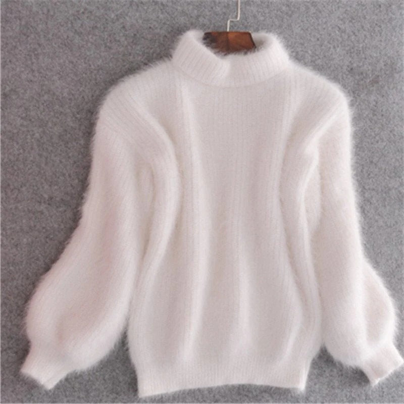 Solid Color Loose Knit Sweater - Vintage Style Angora Pullover for Women