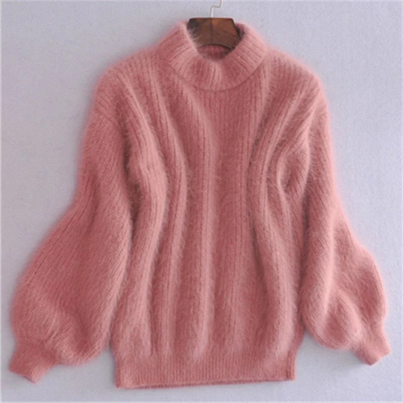 Solid Color Loose Knit Sweater - Vintage Style Angora Pullover for Women
