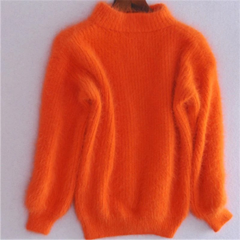 Solid Color Loose Knit Sweater - Vintage Style Angora Pullover for Women