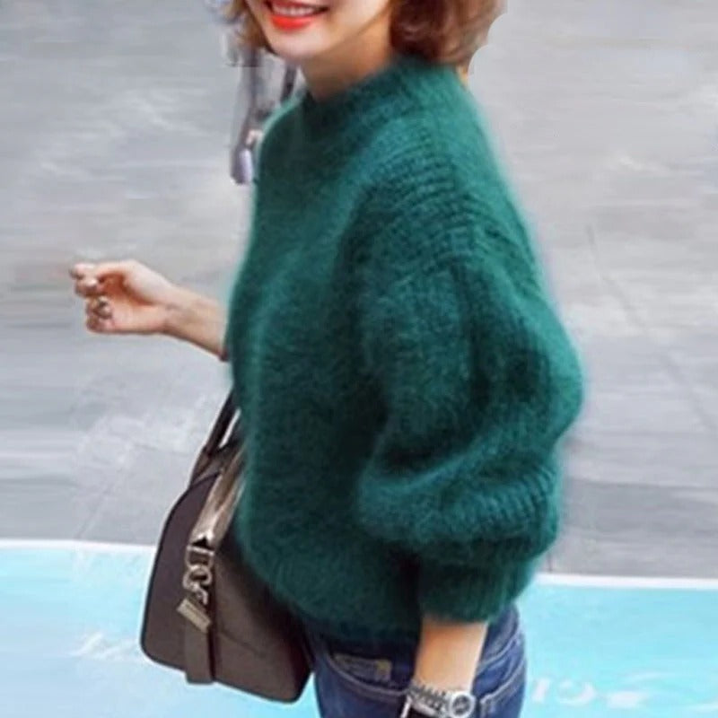 Solid Color Loose Knit Sweater - Vintage Style Angora Pullover for Women