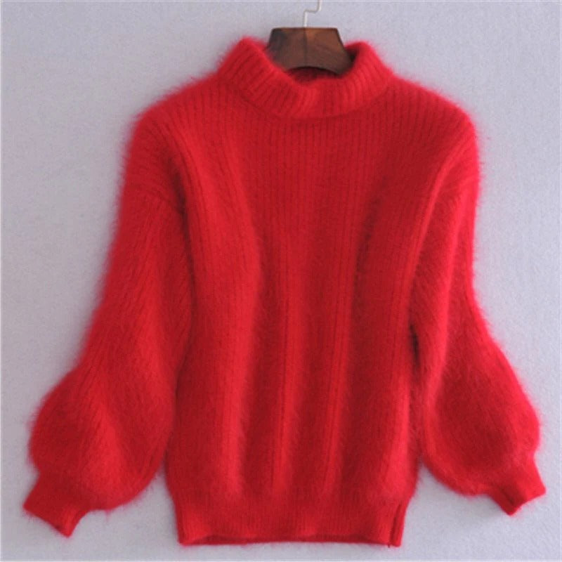Solid Color Loose Knit Sweater - Vintage Style Angora Pullover for Women