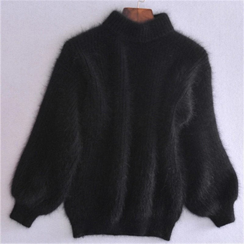 Solid Color Loose Knit Sweater - Vintage Style Angora Pullover for Women