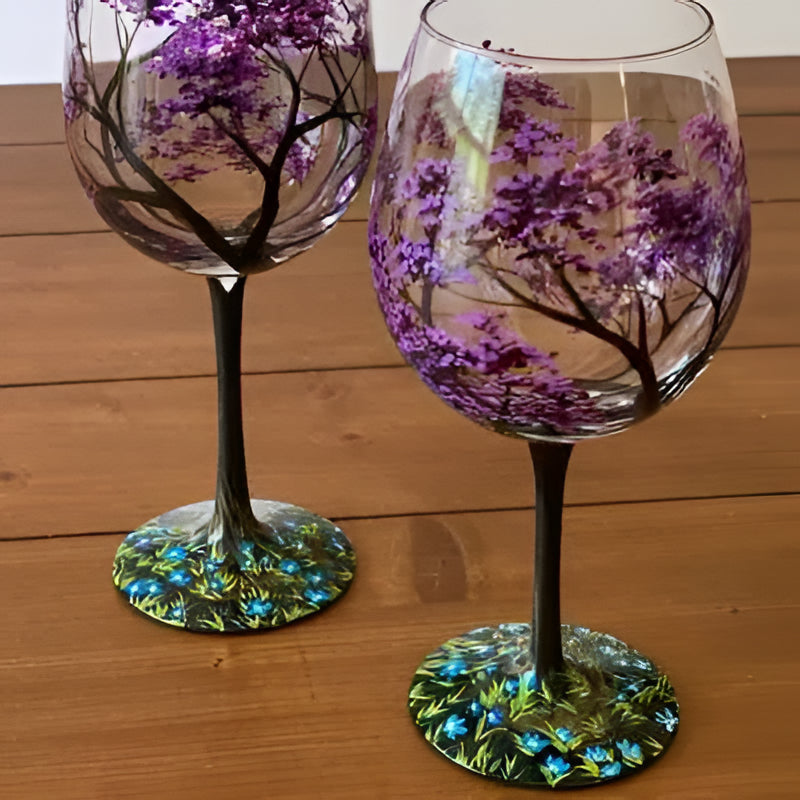 Four Seasons Tree Wine Glasses – Hand Painted Art