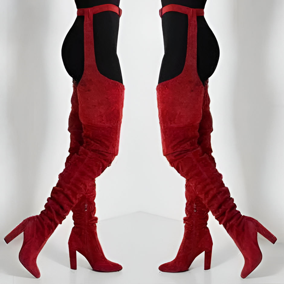 Women Faux Suede Thigh High Waist Belt Chunky High Heel Slouch Boots | Over The Knee Waist Belted Boots