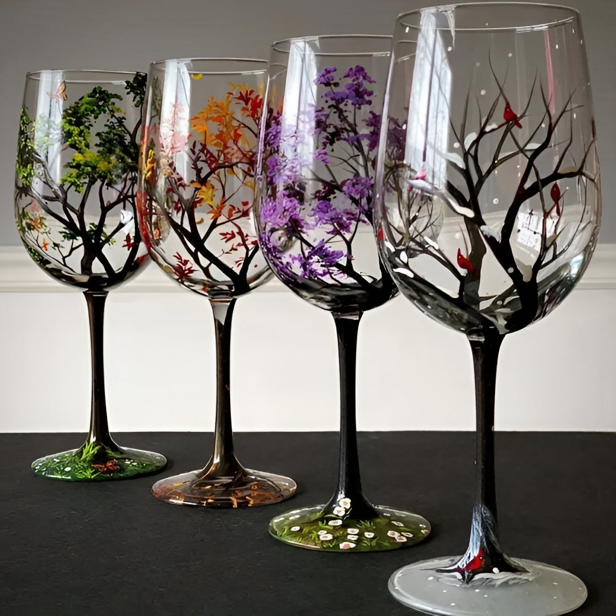 Four Seasons Tree Wine Glasses – Hand Painted Art