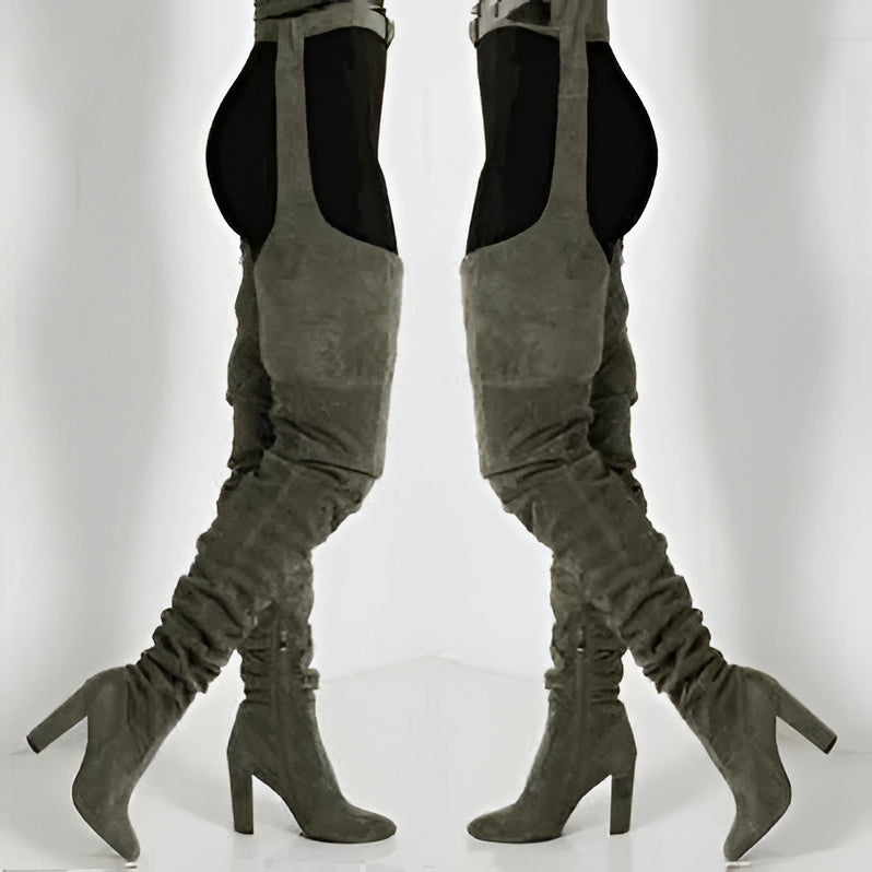 Women Faux Suede Thigh High Waist Belt Chunky High Heel Slouch Boots | Over The Knee Waist Belted Boots
