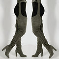 Women Faux Suede Thigh High Waist Belt Chunky High Heel Slouch Boots | Over The Knee Waist Belted Boots